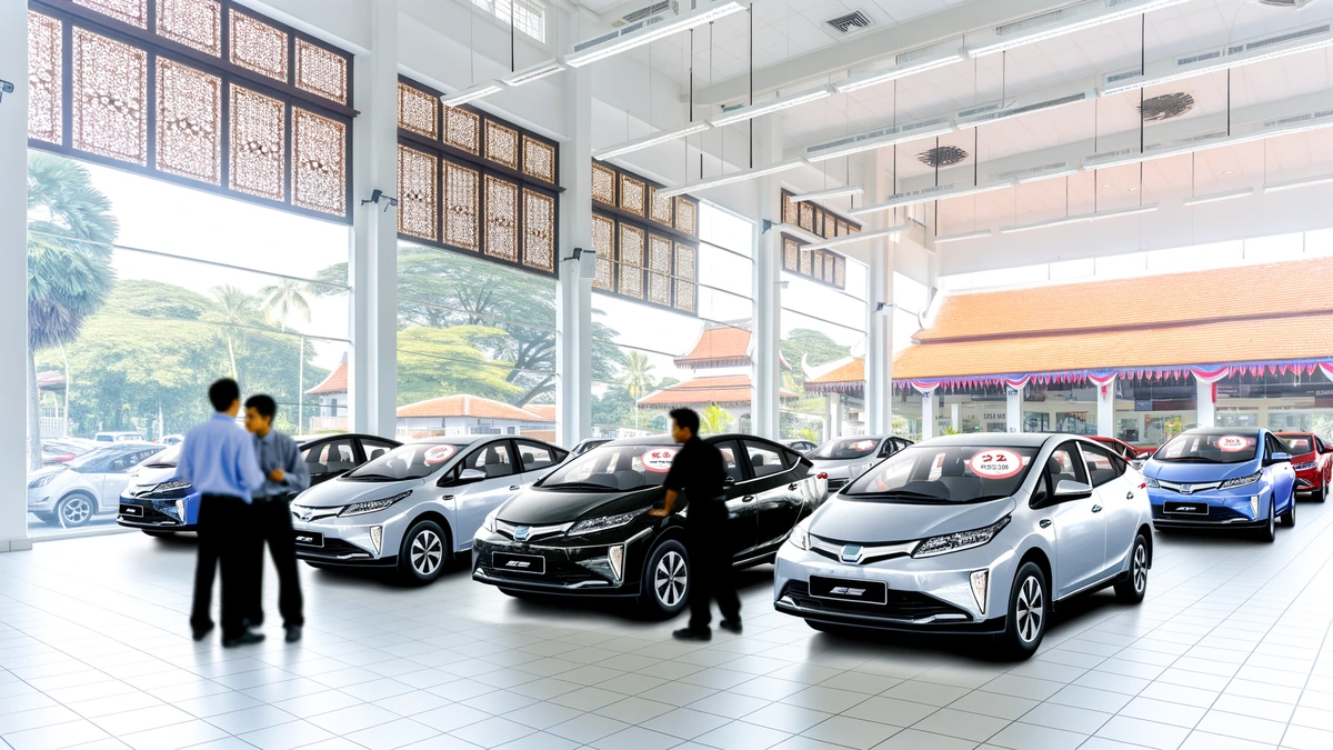 Malaysian EV dealership showroom with multiple electric cars displayed after tax exemption ended