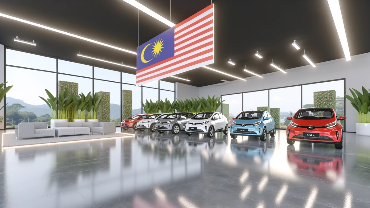 Multiple affordable electric cars displayed in modern Malaysian showroom under bright lighting