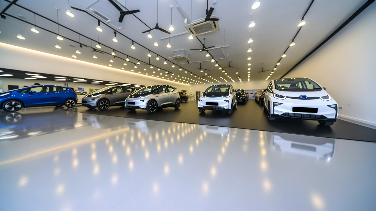 Multiple affordable electric cars displayed in modern Malaysian showroom with competitive pricing