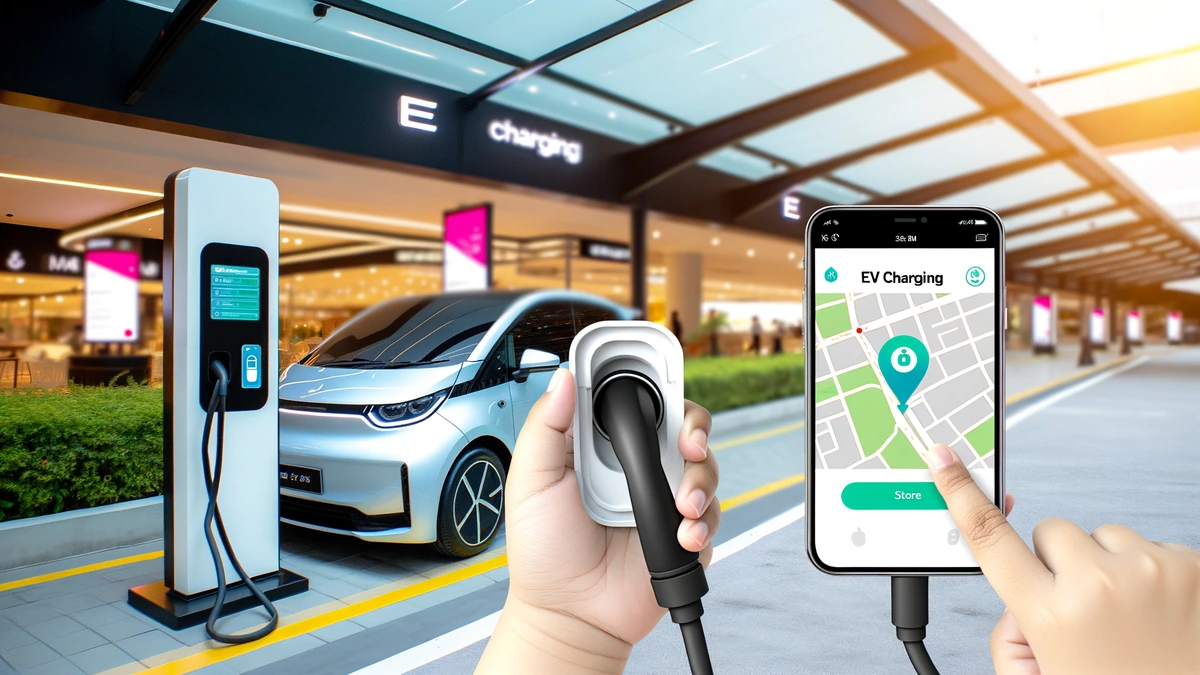 Smartphone showing EV charging app with map near electric vehicle at charging station