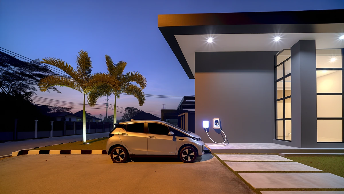 Modern EV home charger installed on Malaysian residential house exterior with electric car plugged in