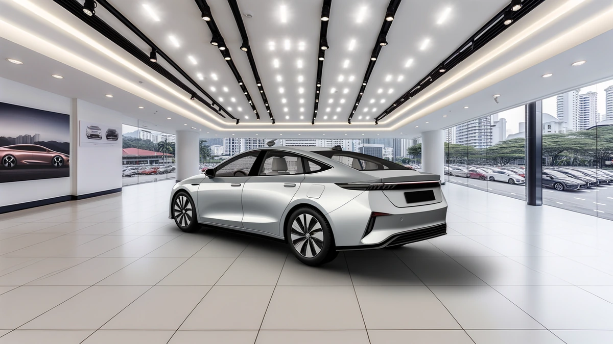 Mid-range electric car sedan displayed in modern showroom setting Malaysia