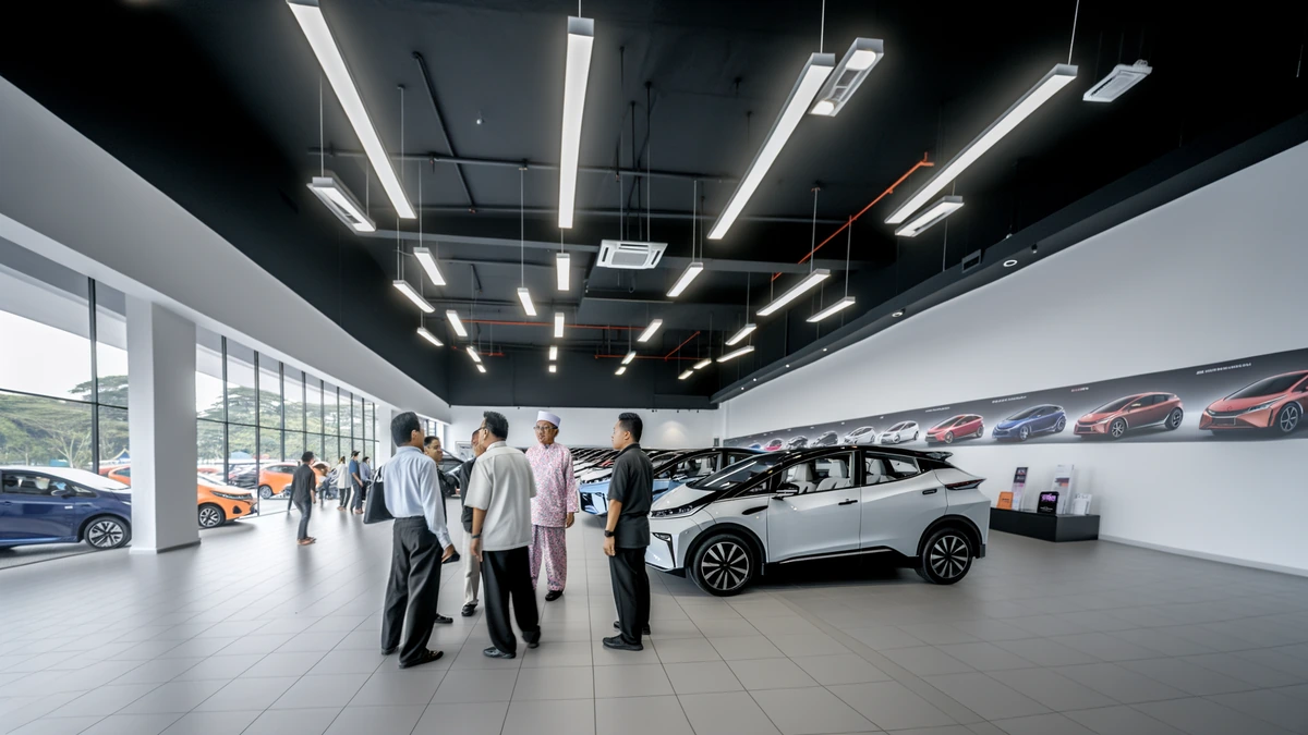 Modern EV showroom displaying multiple electric car models under RM150k