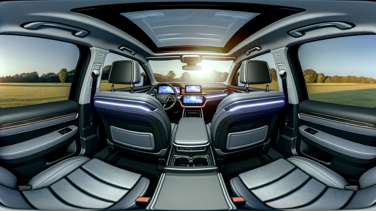 Modern electric family SUV interior with 7-seat configuration and digital dashboard