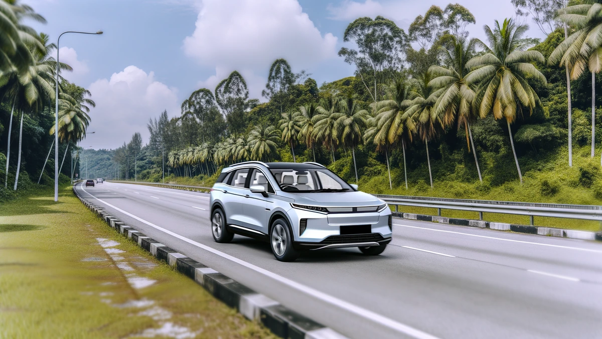 Modern electric family SUV on Malaysian highway representing best 7-seater EV options 2026