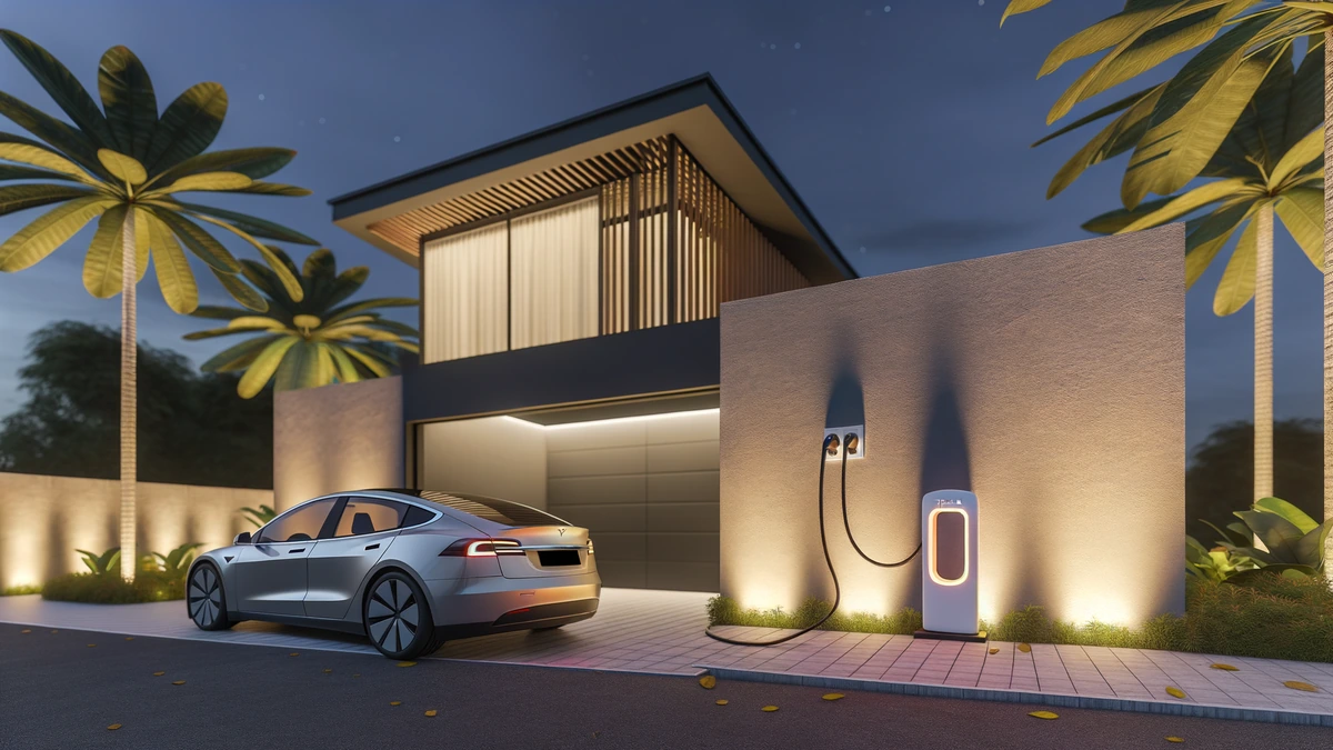 Home EV charger Type 2 installed on Malaysian house wall with electric vehicle parked outside