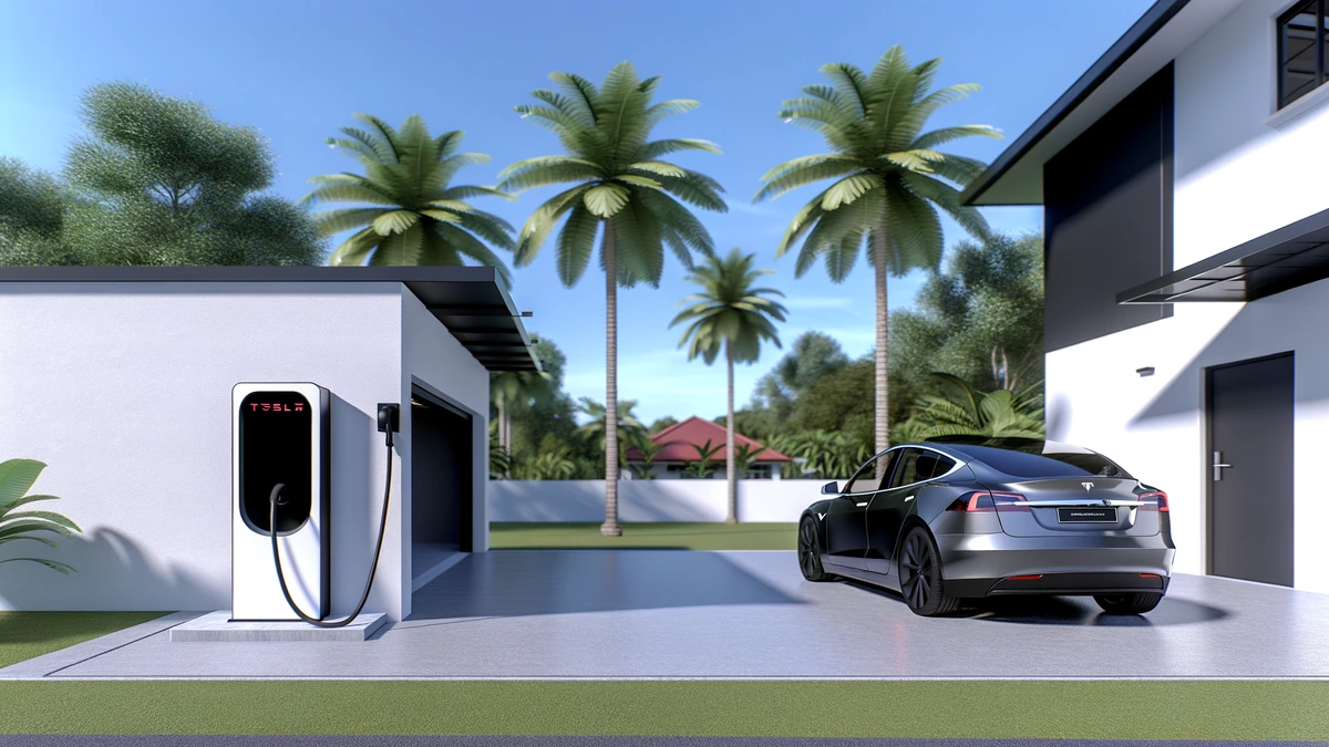 Modern home EV charger installed on Malaysian residential garage with electric vehicle charging