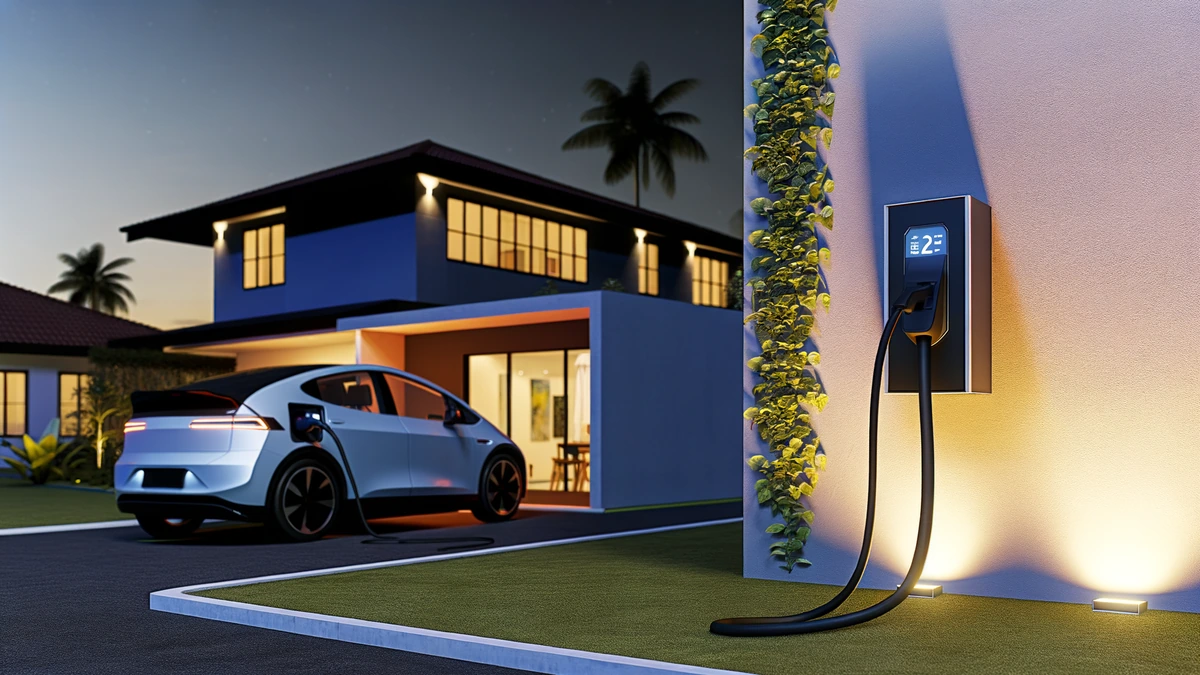 Modern home EV charging station mounted on residential house wall charging an electric car