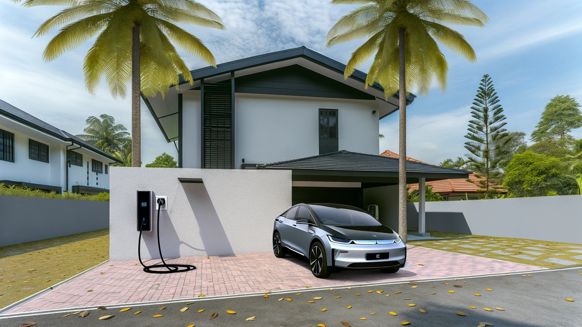 Home EV charger installed on Malaysian residential garage with electric car parked