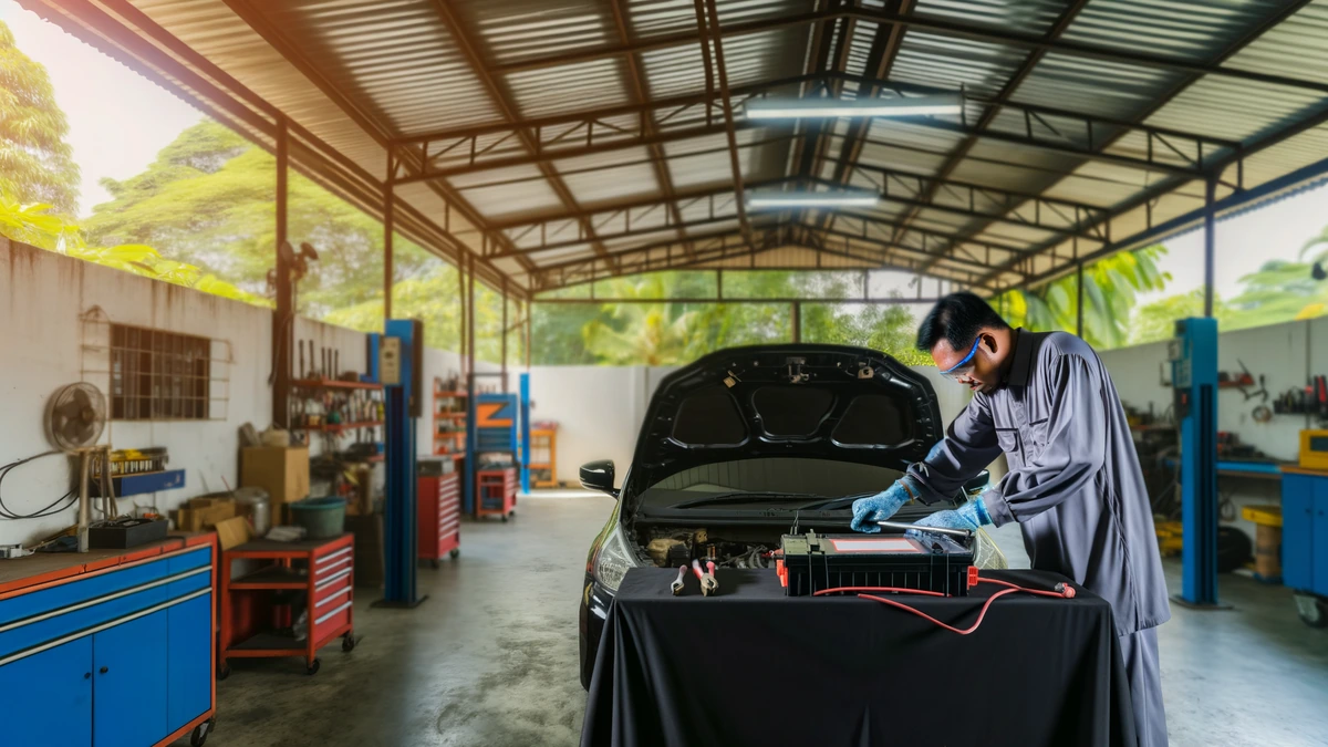 Mechanic inspecting used EV battery health during pre-purchase inspection