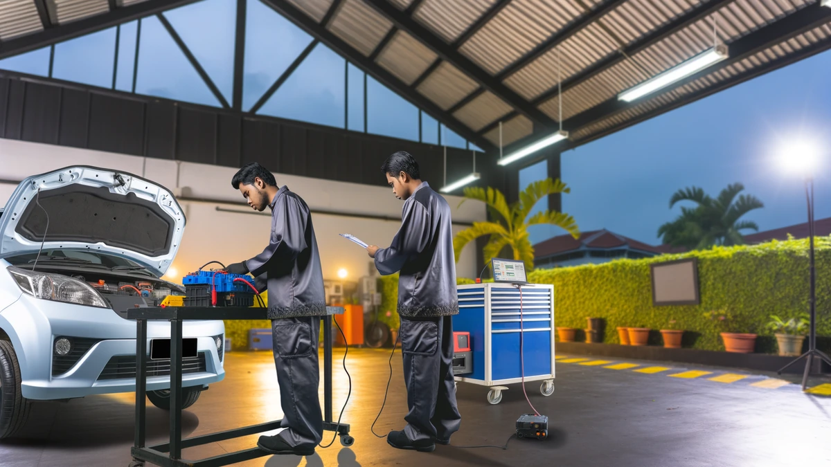 Technician checking used EV battery health during inspection in Malaysia workshop