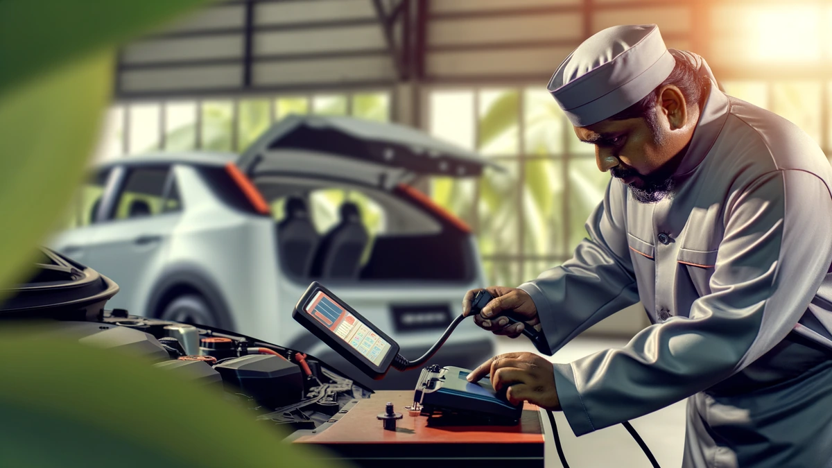 Mechanic inspecting used EV battery health with diagnostic tool in Malaysian workshop