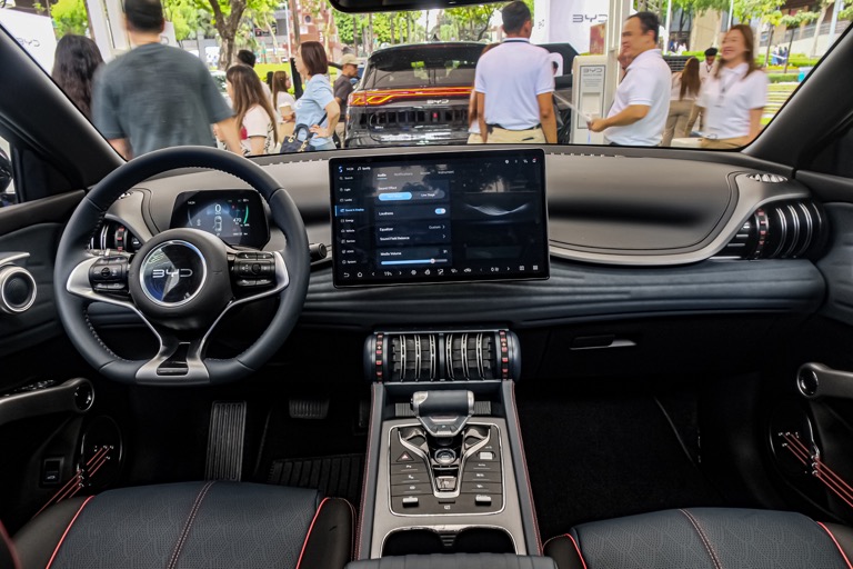 BYD Atto 3 Premium interior showing rotating 12.8-inch infotainment screen