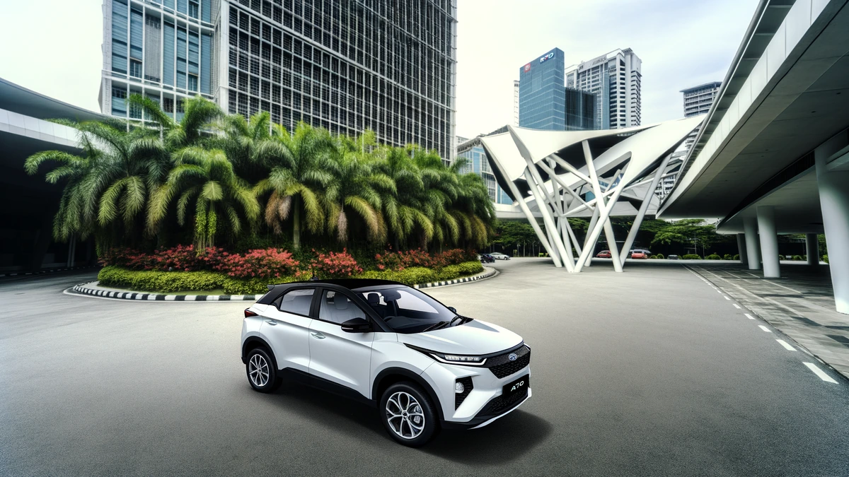 BYD Atto 3 electric SUV parked in Malaysia urban environment with modern architecture