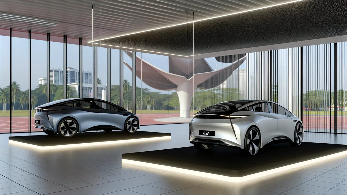 BYD Atto 3 and Tesla Model Y comparison in modern Malaysian showroom