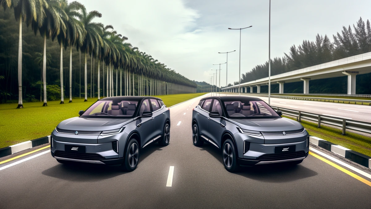 BYD Atto 3 and Tesla Model Y electric SUVs compared side-by-side on Malaysian highway