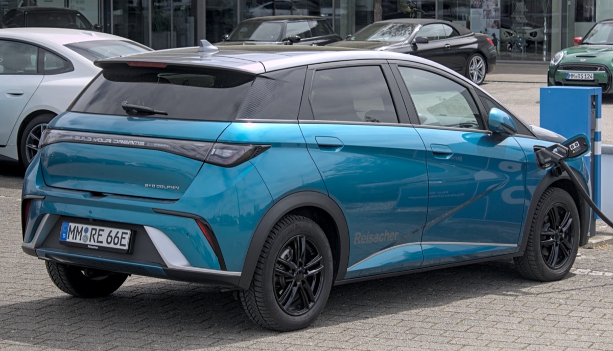 BYD Dolphin global version exterior showing the complete hatchback profile