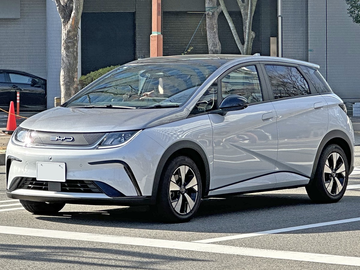 BYD Dolphin front view at Japan auto show displaying full LED headlight design