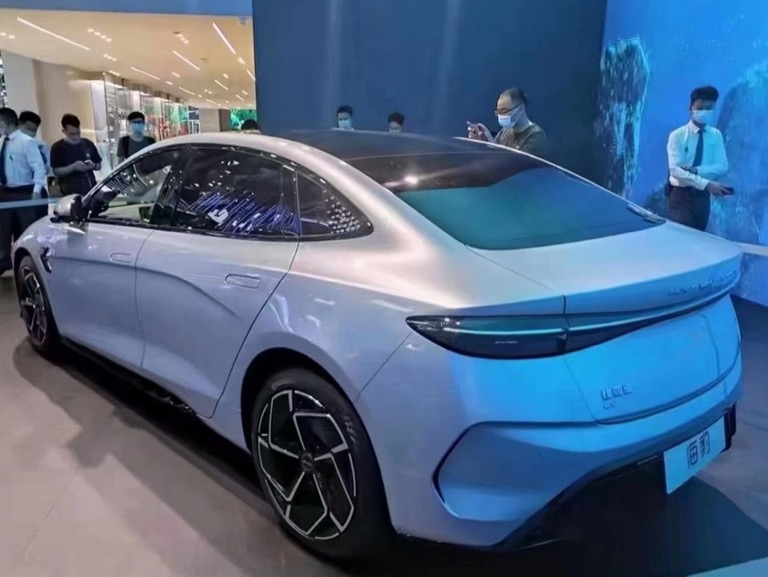 BYD Seal Performance rear three-quarter view at auto show