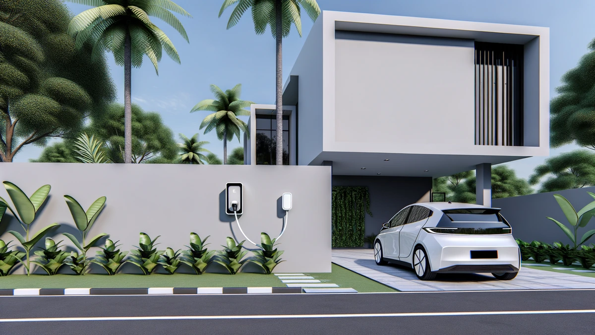 Modern home EV charger installation on Malaysian residential property with parked electric vehicle