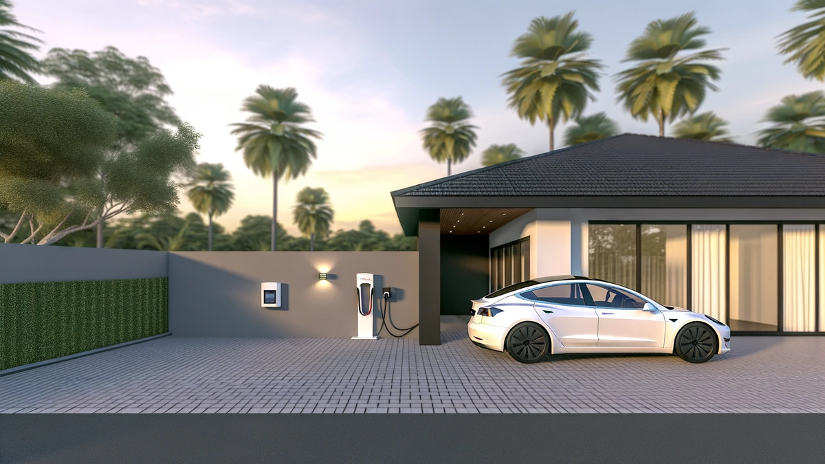 Modern Malaysian home with installed EV charger and electric car in driveway