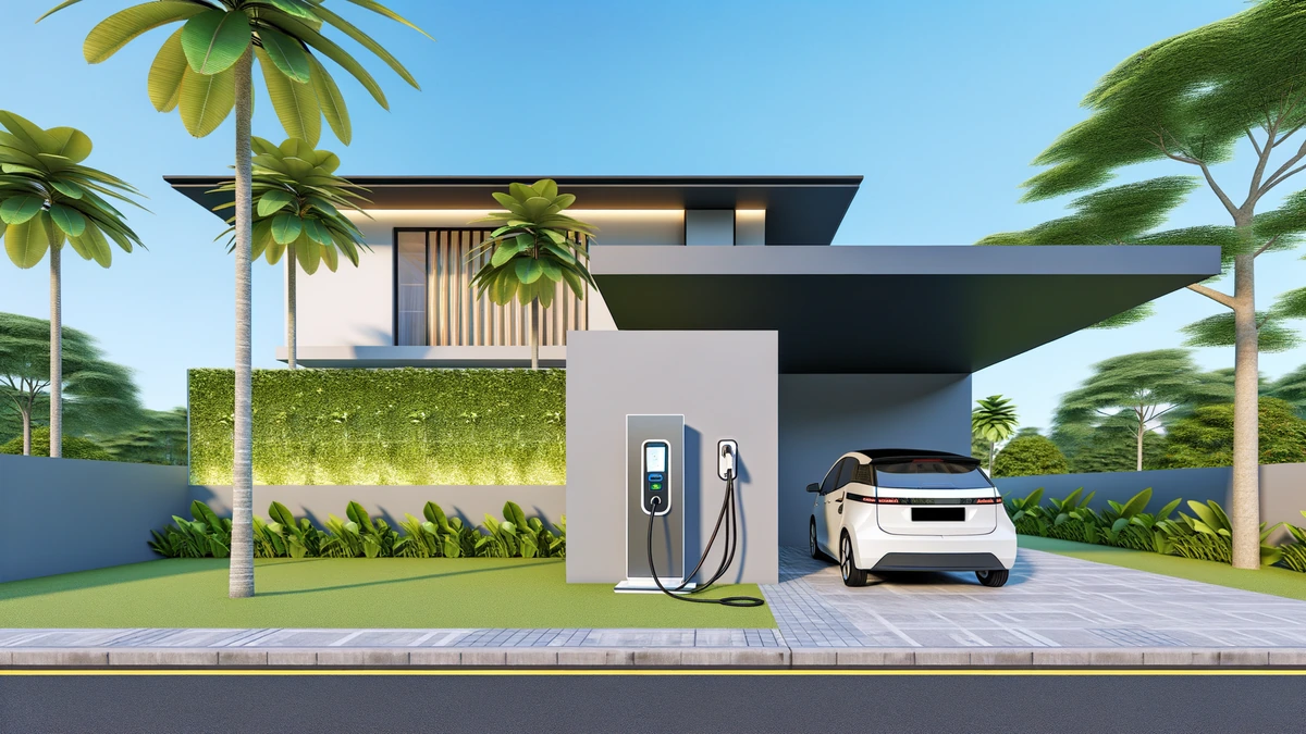 Home EV charging station installed on Malaysian residential garage with electric car plugged in