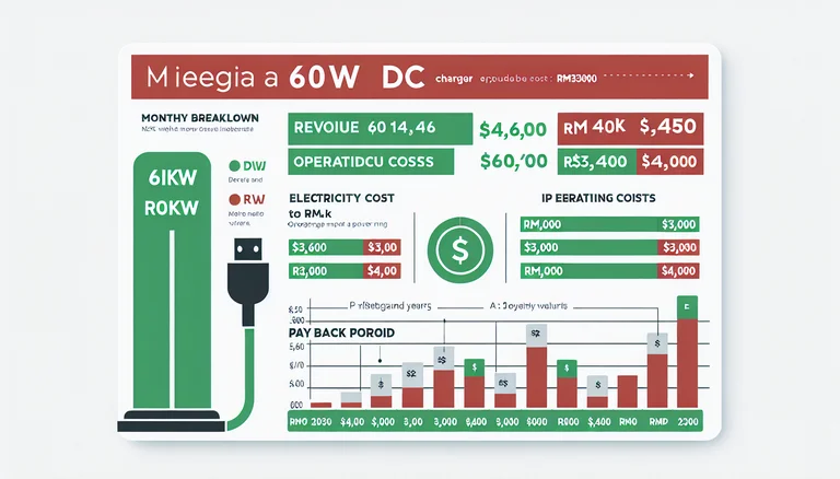 ROI calculator infographic for 60kW DC EV charging station Malaysia showing revenue, costs and profit breakdown