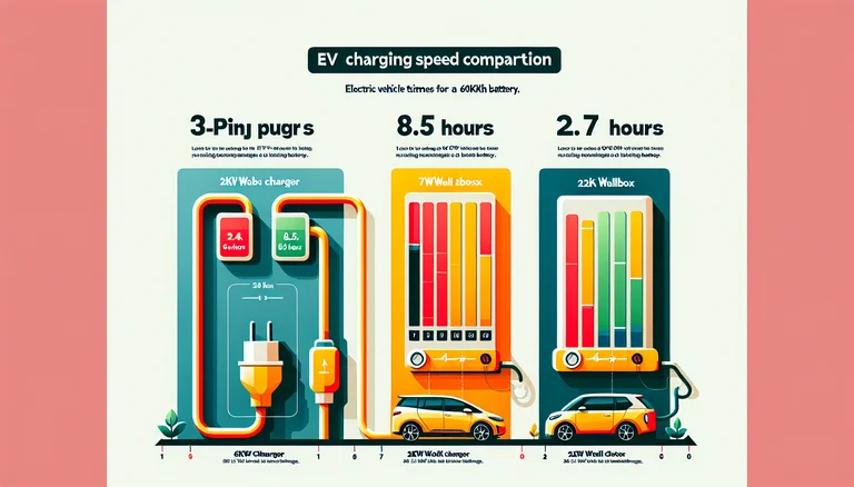 EV charging time comparison infographic — 3-pin plug vs 7kW vs 22kW wallbox for 60kWh battery
