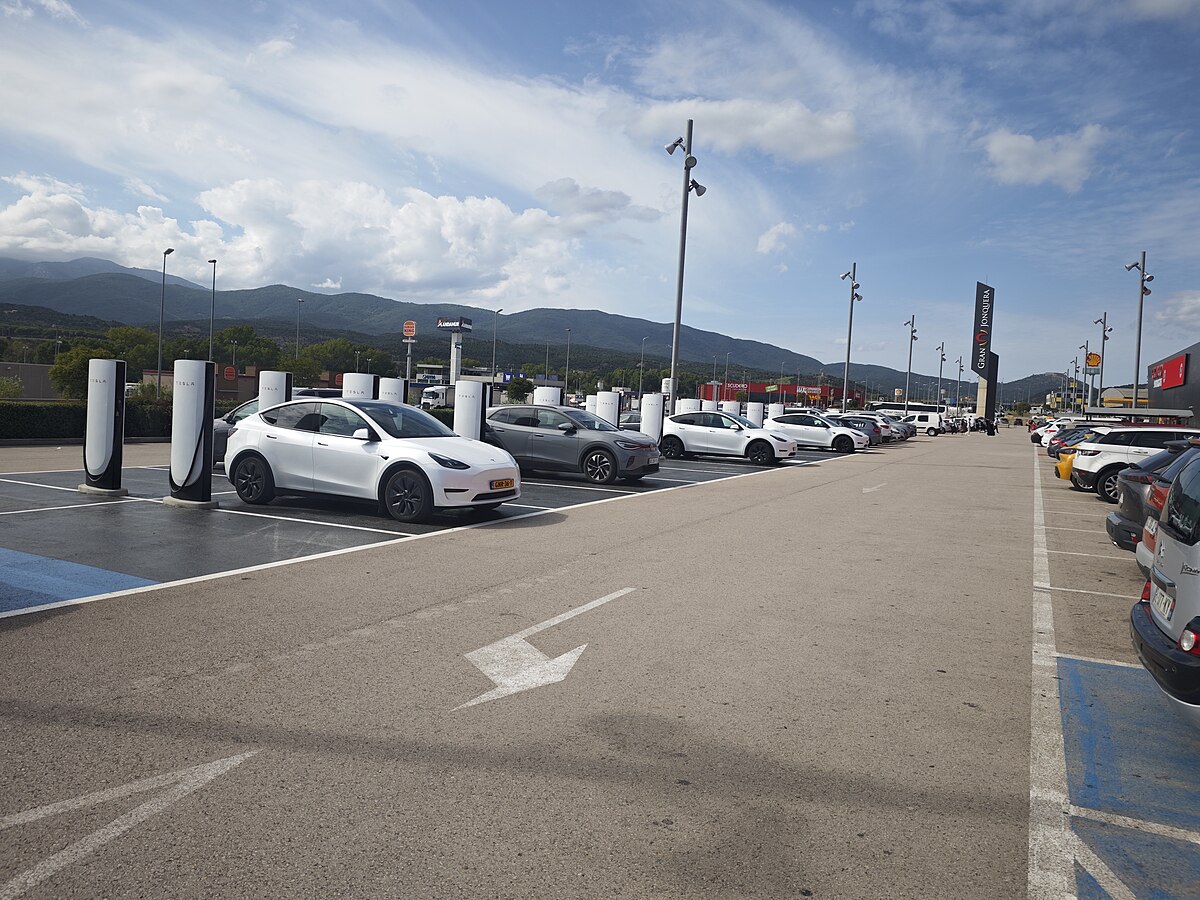 EV fast charging station along highway rest area for electric vehicle road trips