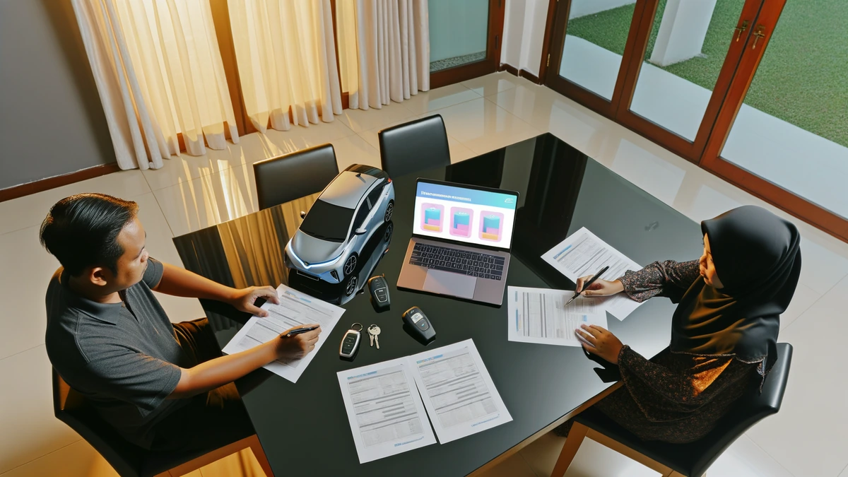 Malaysian family comparing EV insurance costs and policies at home with documents and laptop