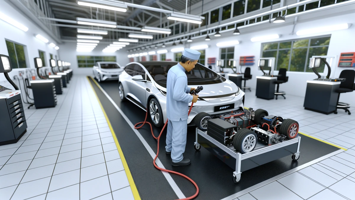 Malaysian EV mechanic performing battery maintenance on electric vehicle in modern service center