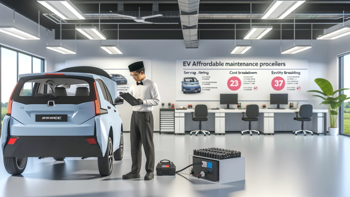 EV maintenance service center technician checking electric car battery costs in Malaysia