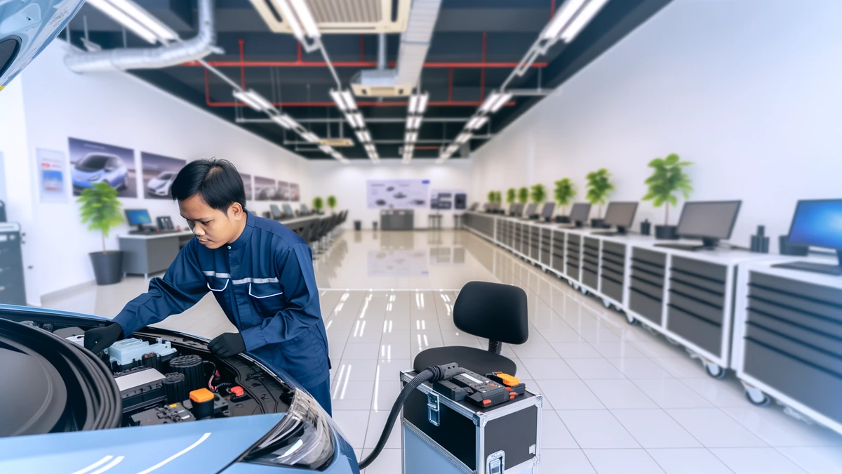EV maintenance technician performing battery diagnostics at modern service center