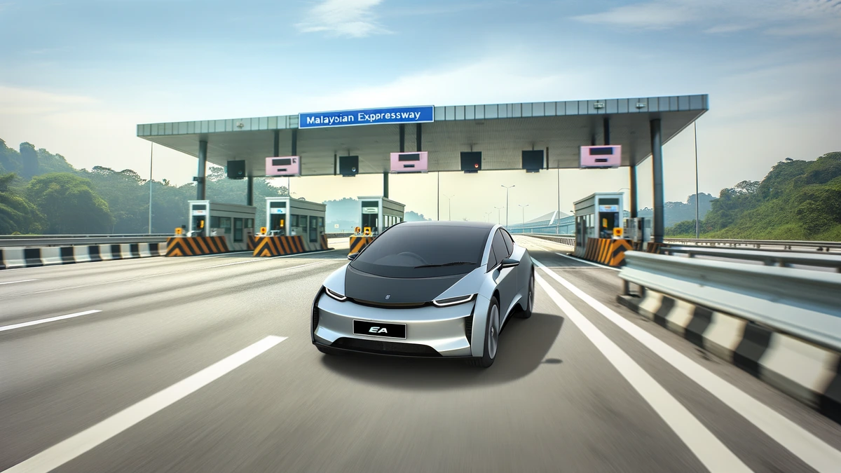 Electric vehicle approaching Malaysian toll booth on expressway highway