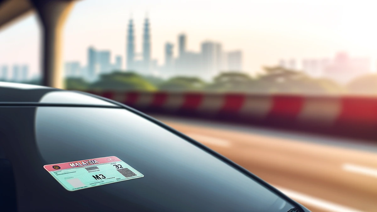 EV road tax disc on Malaysian electric vehicle windshield with highway scene