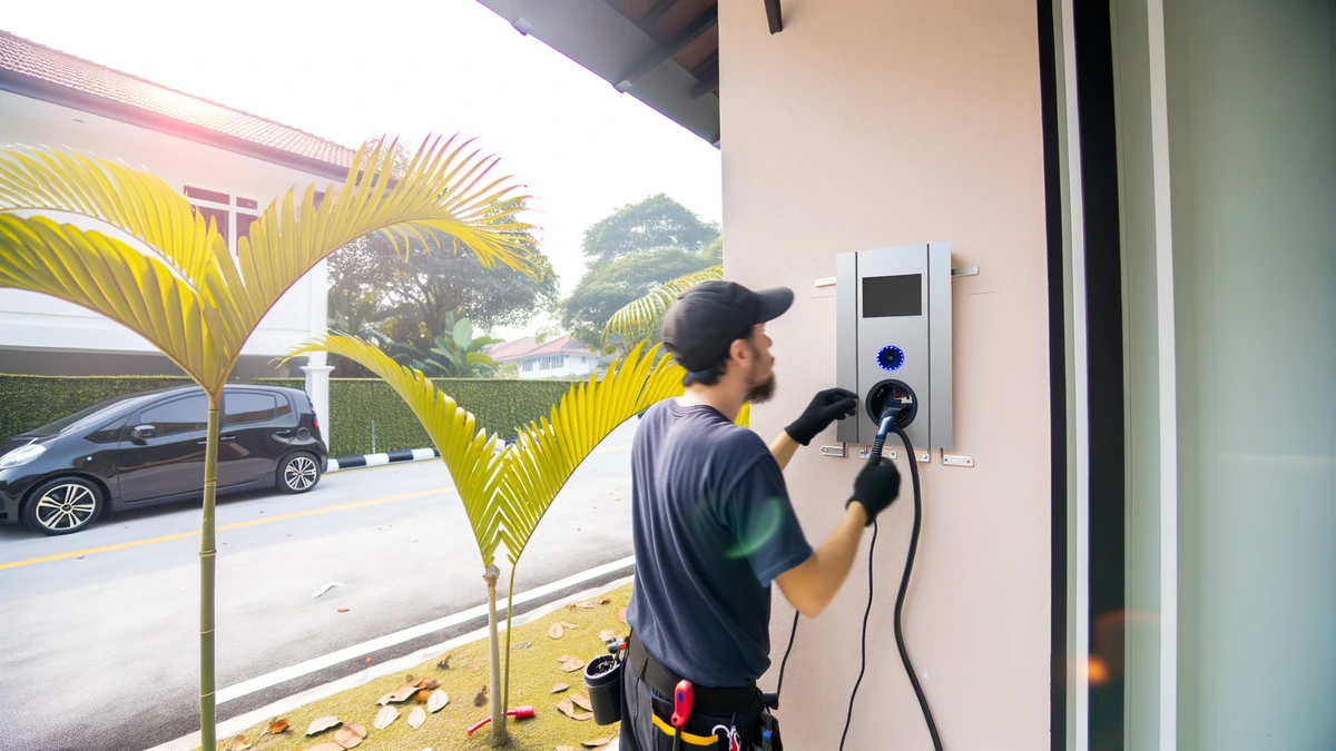 Home EV charger installation setup on Malaysian residential wall with electrician