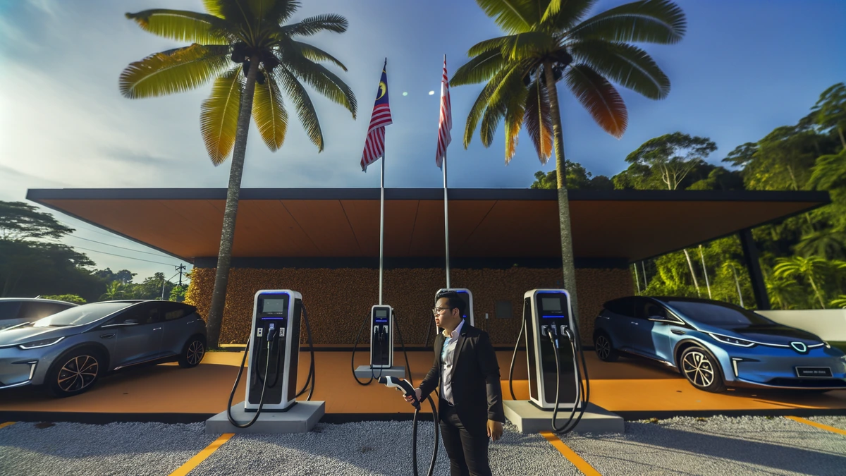 Modern EV charging station business setup in Malaysia with multiple chargers and entrepreneur