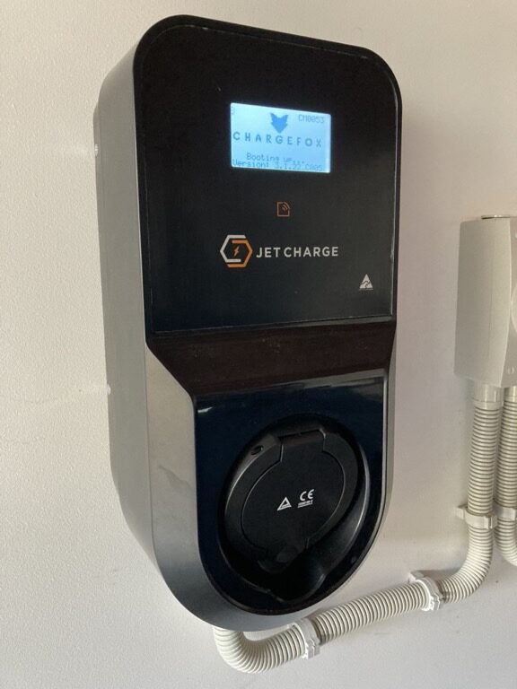 JetCharge ChargeMate AC EV wallbox charger unit installed at residential property