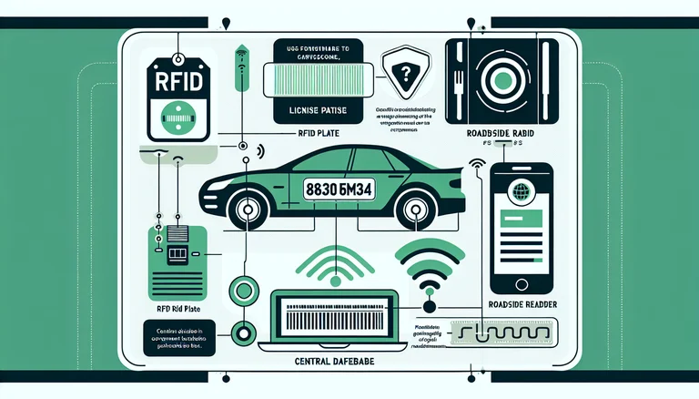 JPJePlate RFID system infographic showing how embedded chip communicates with roadside readers and JPJ database