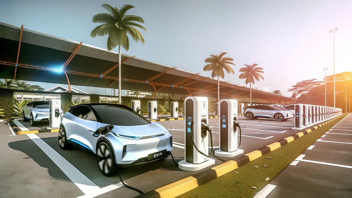 Modern electric vehicles charging at a futuristic Malaysian EV charging station in 2026