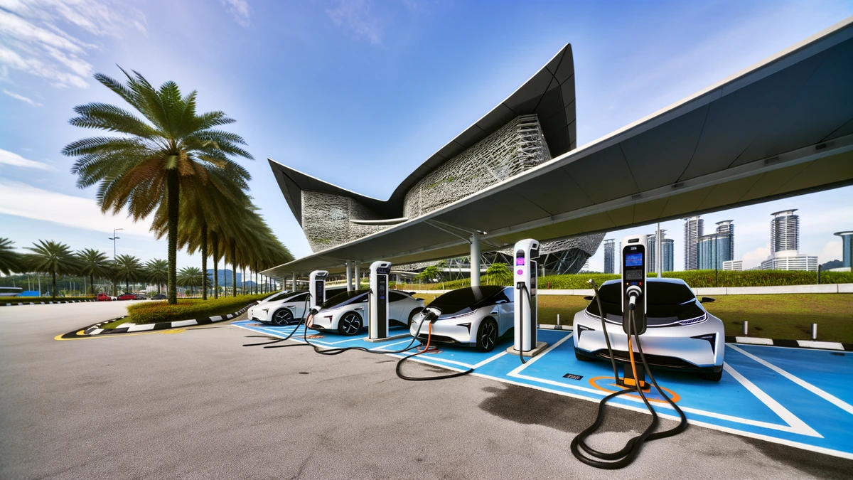 Malaysia EV charging hub with multiple electric vehicles and modern charging infrastructure