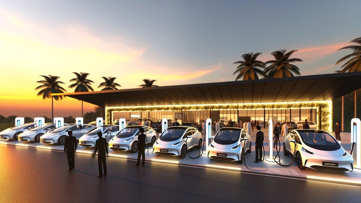 Modern Malaysian EV showroom with multiple electric vehicles and charging stations, symbolizing Q1 2026 record sales growth