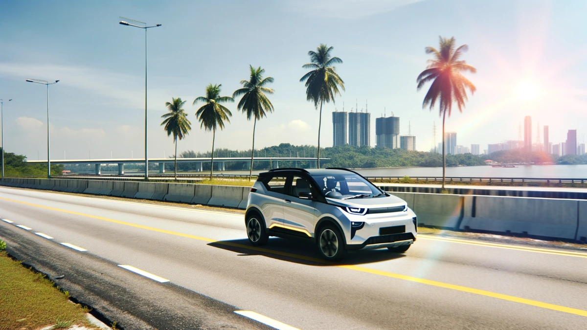 Proton eMas 5 electric SUV driving on Malaysian highway in daylight