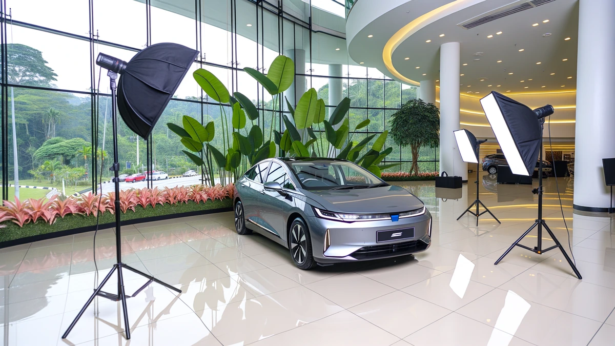 Proton eMas 7 electric car in modern showroom setting Malaysia