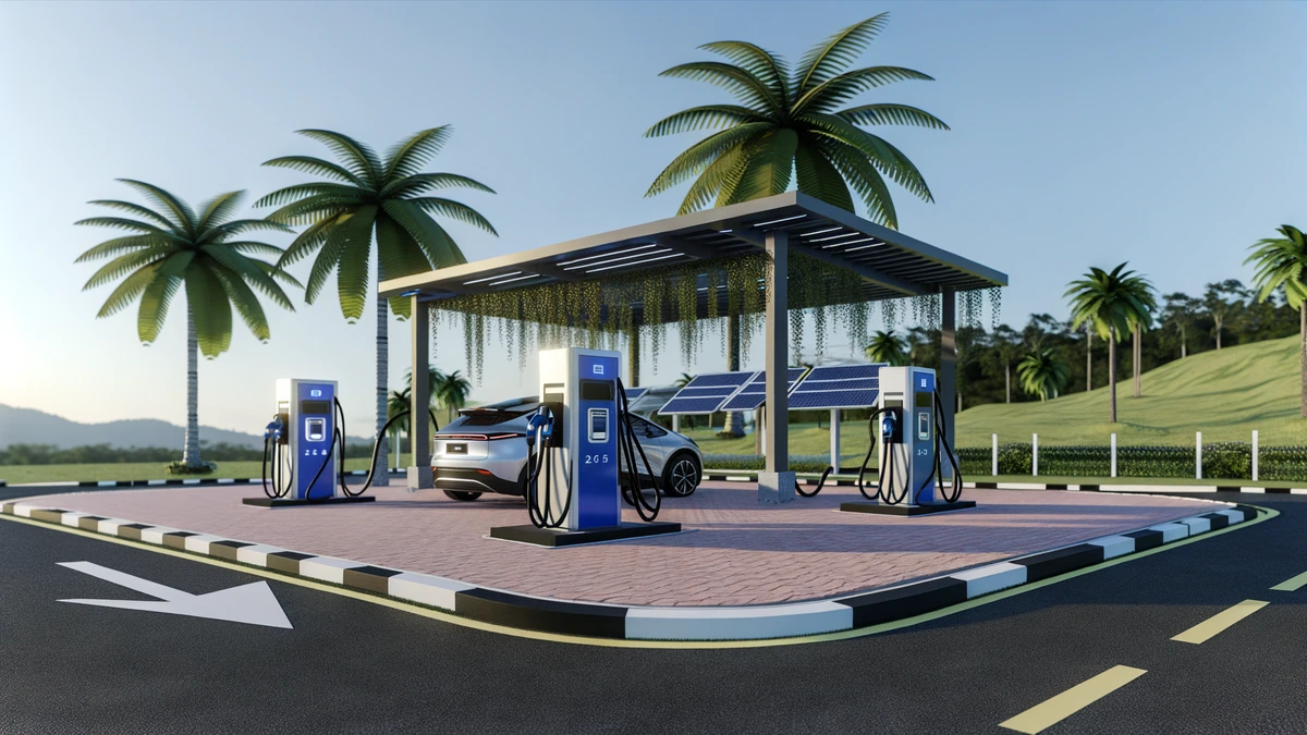 Modern public EV charging stations in Malaysia with multiple vehicles connected