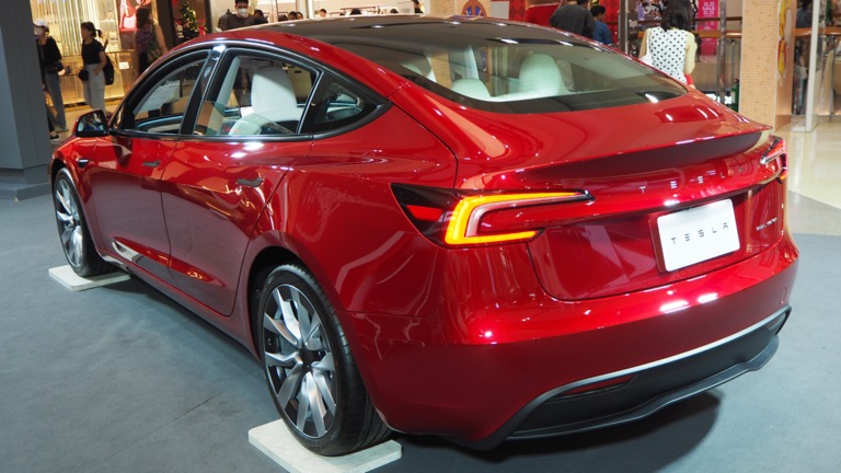 Tesla Model 3 Highland Long Range rear view in Bangkok Thailand