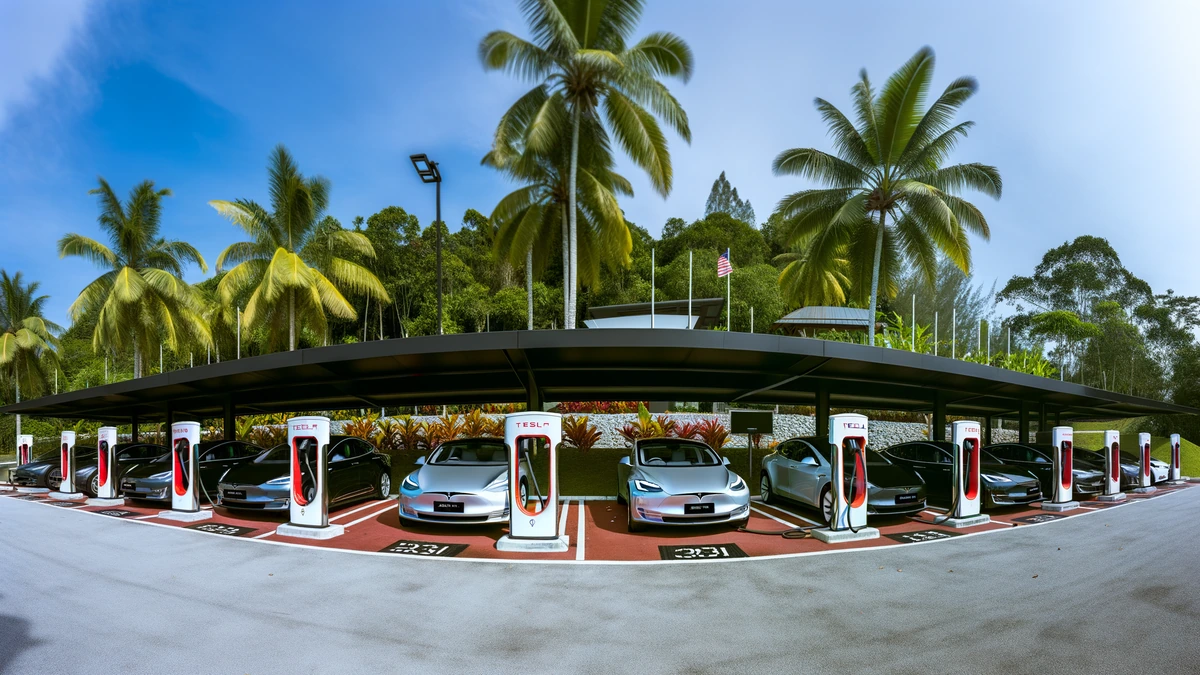 Tesla Supercharger open network station in Malaysia with multiple EVs charging, tropical setting