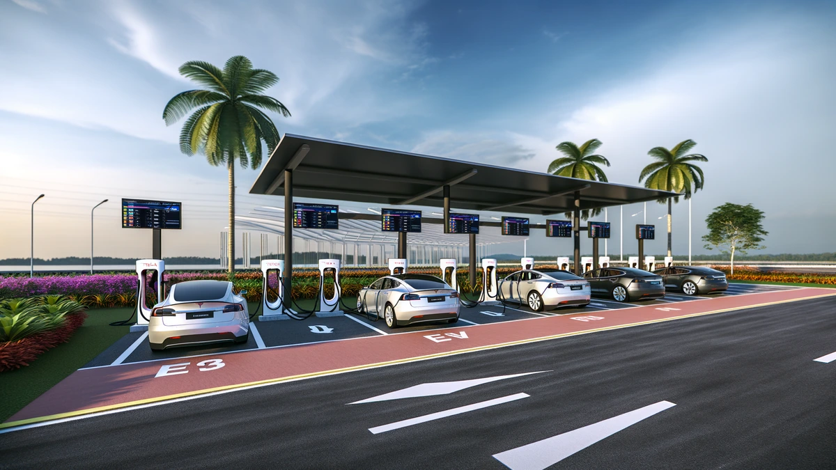 Tesla Supercharger open network charging stations in Malaysia with multiple EVs charging