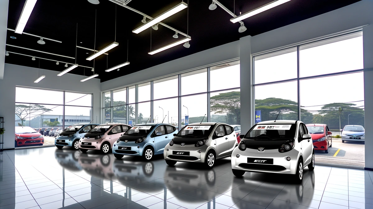 Affordable electric cars displayed in Malaysian dealership showroom with price tags