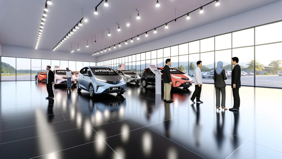 Affordable electric cars displayed in a modern Malaysian dealership showroom with customers browsing